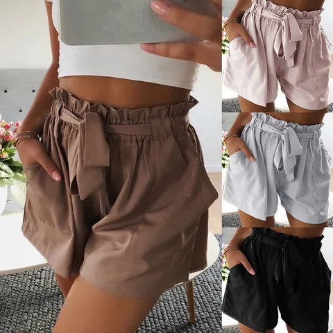 Women High Waist Paperbag Shorts Cotton Linen Blend Loose Fit Casual Wide Leg Shorts with Adjustable Bow Belt For Summer