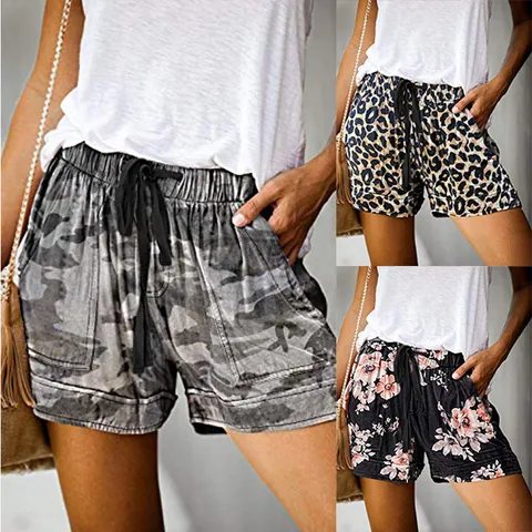 Women Casual Printed Shorts High Waist Elastic Drawstring Straight Leg Pants Camo Leopard Floral Polyester Cotton Summer Shorts Bottom