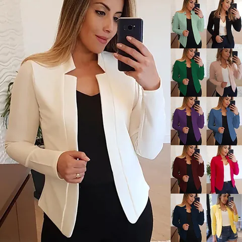 Dames Slim Fit Blazer Open Voorkant Lange Mouwen Katoenmix Kostuum Jas Kantoor Casual Effen Kleur Woon-werkverkeer Bovenkleding