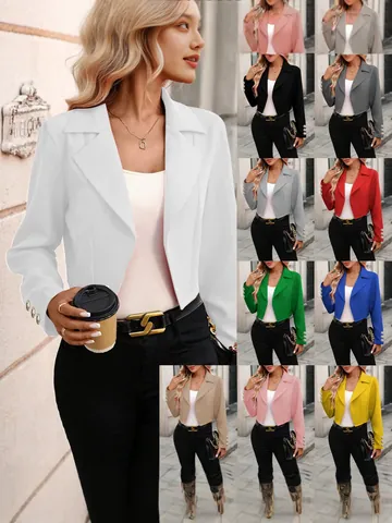 Chaqueta Americana Corta Con Solapa de Color Sólido para Mujer Con Decoración de Botones en los Puños Manga Larga Corte Ajustado Top