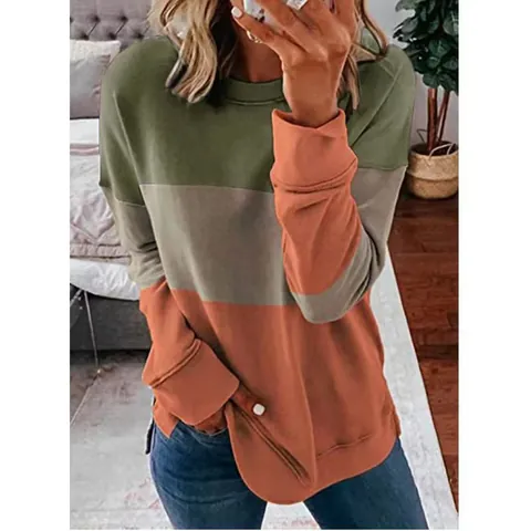 Sudadera de Moda con Bloques de Color para Mujer Casual Manga Larga Cuello Redondo Pullover Holgado Top Urbano de Poliéster