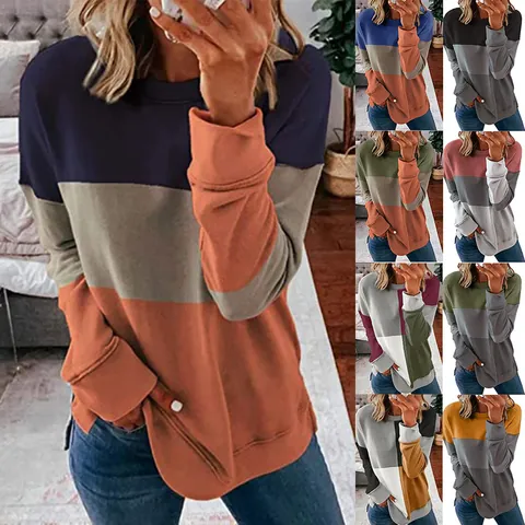 Sudadera de Moda con Bloques de Color para Mujer Casual Manga Larga Cuello Redondo Pullover Holgado Top Urbano de Poliéster