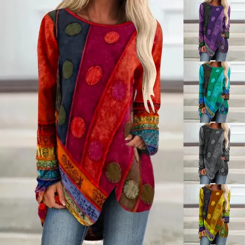 Women Vintage Irregular Hem Long Sleeve T-Shirt Retro Ethnic Polka Dot Print Loose Casual Cotton Blend Top For Daily Wear