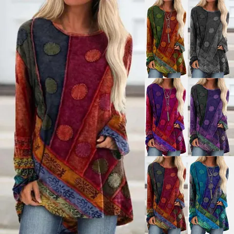 Women Ethnic Style Vintage Loose Long Sleeve Sweatshirt Patchwork Plus Size T-Shirt Pullover Top Casual Fashion Clothing