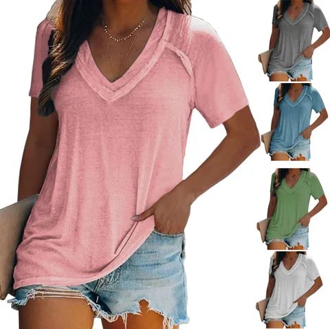 Women's Casual Cotton Blend T-Shirt Double V-Neck Short Sleeve Loose Fit Plus Size Summer Pullover Top
