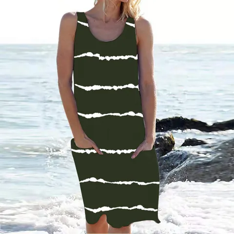 Women Casual Cotton Blend Striped Dress Sleeveless Round Neck Loose Fit Summer Beach Vacation Midi Dress With Pockets Top And Bottom