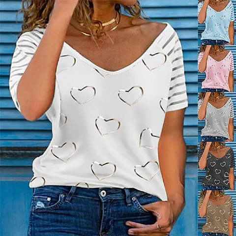 Women's Casual Cotton Blend V-Neck T-Shirt Featuring Sweet Heart Print And Contrast Striped Sleeve Stitching Loose Fit Summer Top