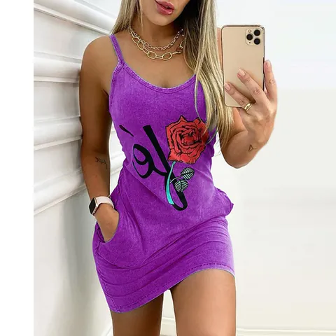 Robe Cami Imprimée Florale Rose pour Femme avec Poches Style Vintage Acid Wash Coupe Ajustée Sans Manches Robe Soleil Décontractée