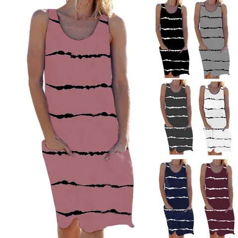 Women Casual Cotton Blend Striped Dress Sleeveless Round Neck Loose Fit Summer Beach Vacation Midi Dress With Pockets Top And Bottom