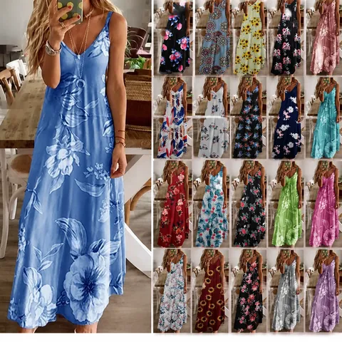 Damen Sommer Blumendruck Träger Maxi Kleid Boho V-Ausschnitt Ärmellos Urlaub Strand A-Linie Langes Kleid Für Damen Freizeitkleidung