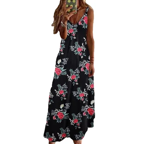Damen Sommer Blumendruck Träger Maxi Kleid Boho V-Ausschnitt Ärmellos Urlaub Strand A-Linie Langes Kleid Für Damen Freizeitkleidung