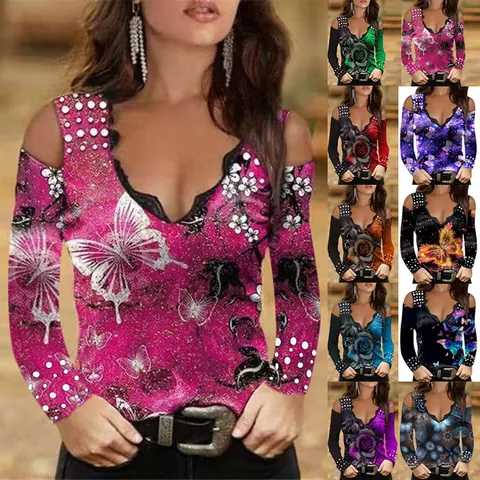 Women's Sexy Cold Shoulder V-Neck Long Sleeve T-Shirt With Lace Trim Floral Butterfly Rose Print Casual Cotton Blend Top