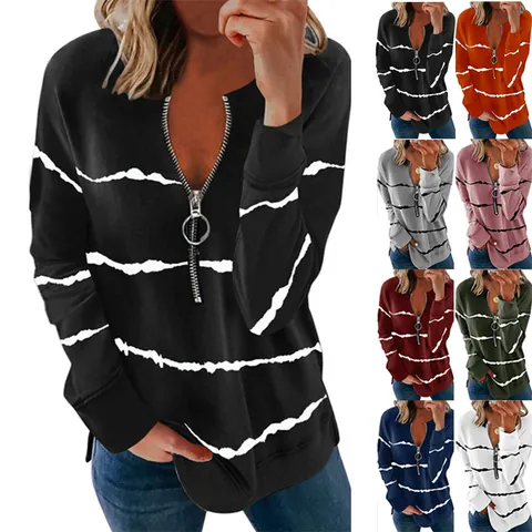 Damen Casual Gestreift Langarm V-Ausschnitt Reißverschluss Top Übergröße Lockere Baumwollmischung Pullover Sweatshirt Mode T-Shirt