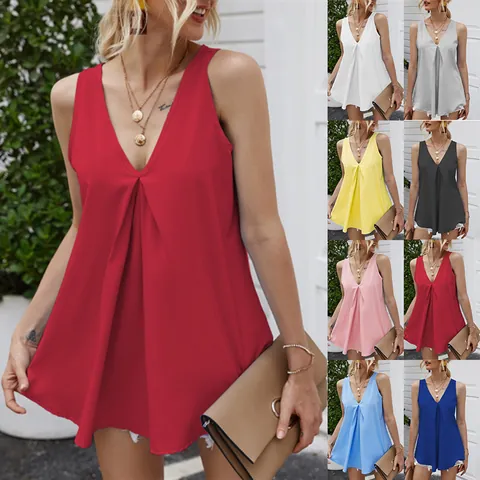 Women V-neck Chiffon Tank Top Sleeveless Loose Ruffled Pleated Solid Color Blouse Elegant Commuter Summer Vest Top For Women