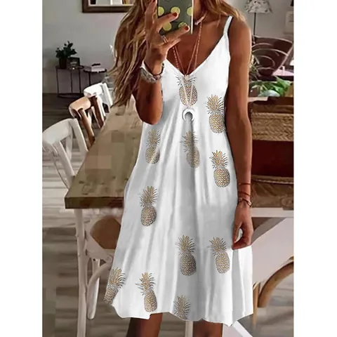 Women Summer V Neck Loose Printed Slip Dress Sexy Sleeveless Boho Beach Midi Dress Comfortable Polyester Blend Dress