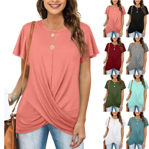 Women Casual Polyester T-Shirt Round Neck Solid Color Short Sleeve Top With Front Twist Knot Detail Splicing Loose Tee