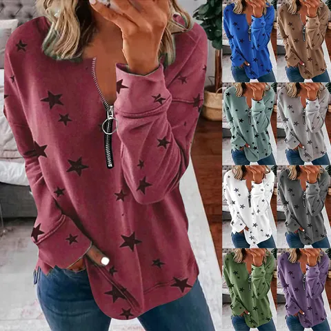Women Casual Star Print Long Sleeve V-Neck Zipper Pullover Sweatshirt Cotton Blend Loose Fit Starry Graphic Hoodie Top