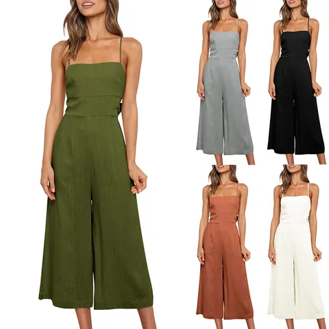Women Casual Solid Polyester Jumpsuit Spaghetti Strap Wide Leg Backless Bow Tie Waist Long Jumpsuit Summer Beachwear Romper