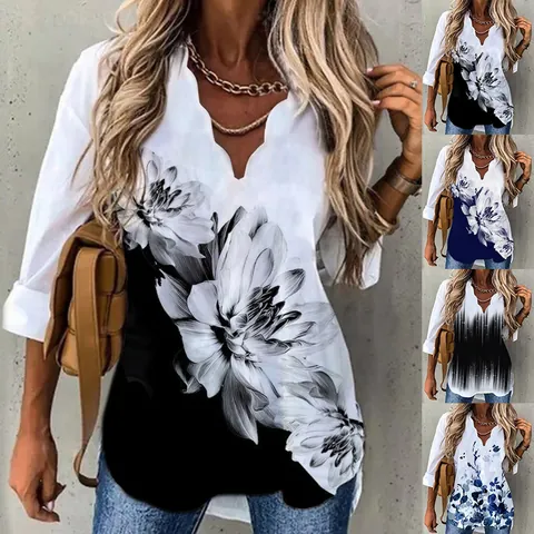Women's Elegant Scalloped V-Neck Long Sleeve Polyester Blouse Floral Printed Office Commute Casual Top For Autumn Winter