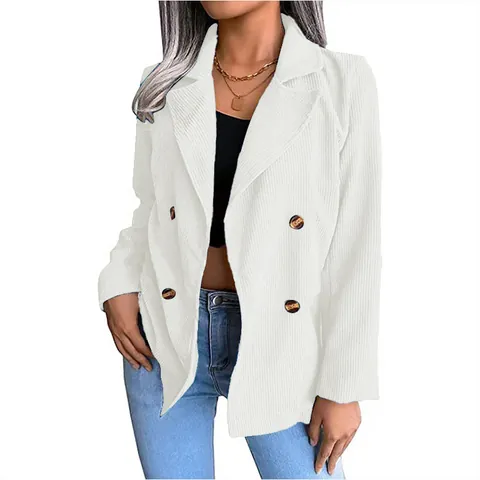 Damen Casual Cord Blazer Jacke Herbst Winter Einfarbig Elegant Revers Zweireiher Locker Mode Pendler Top