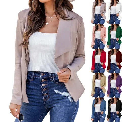 Women Cotton Blazer Top Casual Business Notched Lapel Short Style Long Sleeve Solid Color Cardigan Jacket Office Lady Coat