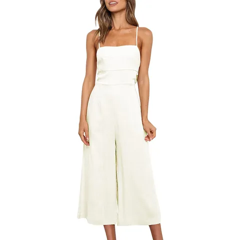 Women Casual Solid Polyester Jumpsuit Spaghetti Strap Wide Leg Backless Bow Tie Waist Long Jumpsuit Summer Beachwear Romper