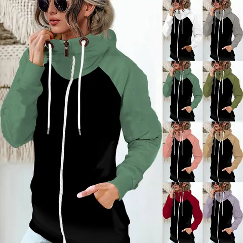 Women Plus Size Fleece Lined Hoodie Jacket Color Block Patchwork Stand Collar Zipper Hooded Sweatshirt Winter Warm Pullover Top