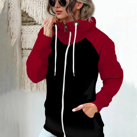 Women Plus Size Fleece Lined Hoodie Jacket Color Block Patchwork Stand Collar Zipper Hooded Sweatshirt Winter Warm Pullover Top