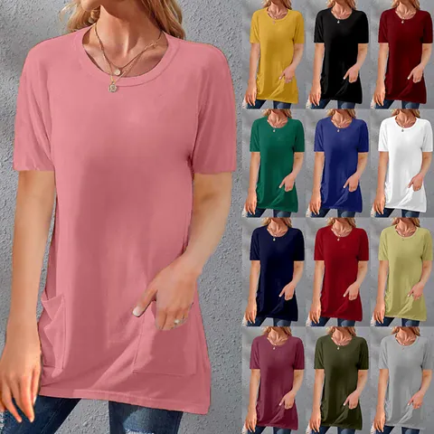 Women Casual Cotton Solid Color Round Neck T-Shirt With Pockets Loose Fit Short Sleeve Regular Top Summer Pullover Shirt