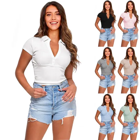 Women Ribbed Knit Short Sleeve POLO Shirt Casual Slim Fit V Neck Button Top Cotton Blend Solid Color Basic Tee Top