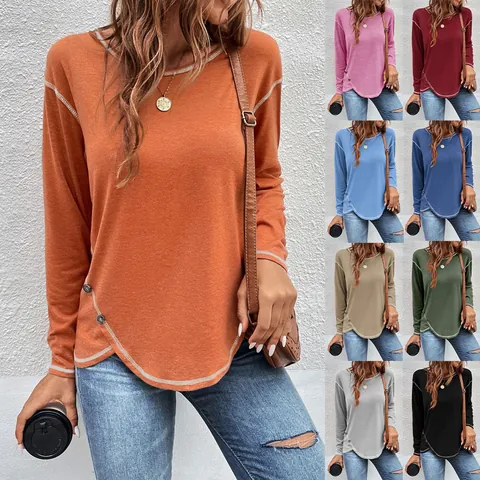 Women Casual Cotton Long Sleeve T-Shirt Irregular Asymmetrical Hem Decorative Buttons Top Round Neck Contrast Stitching Autumn Winter Fashion