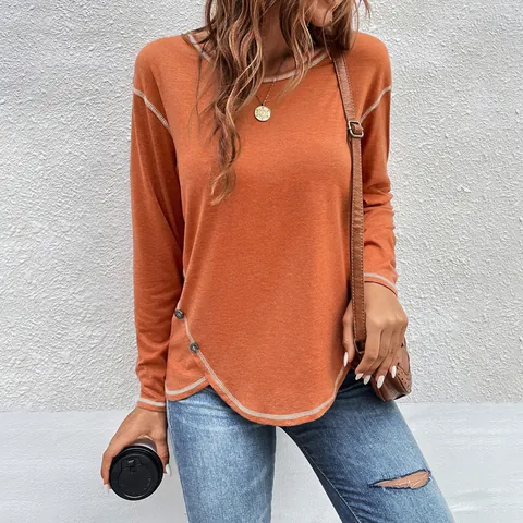 Women Casual Cotton Long Sleeve T-Shirt Irregular Asymmetrical Hem Decorative Buttons Top Round Neck Contrast Stitching Autumn Winter Fashion