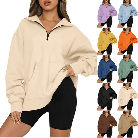 Felpa con Cappuccio Donna Mezza Zip Pullover Oversized Con Tasca a Canguro Casual Tinta Unita Manica Lunga Autunno Inverno Top