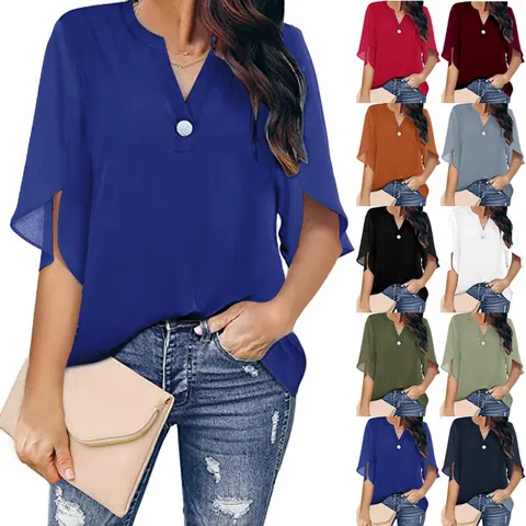 Camicetta da Donna Elegante in Chiffon con Scollo a V Allentata a Maniche Corte con Spacco Tinta Unita Pullover Top Stile Pendolare Moda Camicia Casual