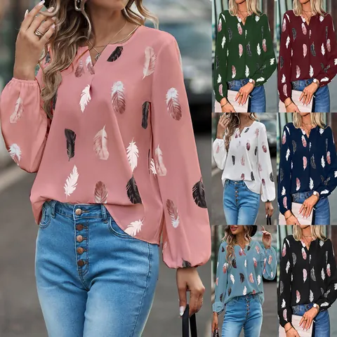 Maglietta da Donna Elegante con Stampa Piuma Scollo a V Manica Lunga Vestibilità Comoda Top in Poliestere Casual per Pendolari Autunno Inverno