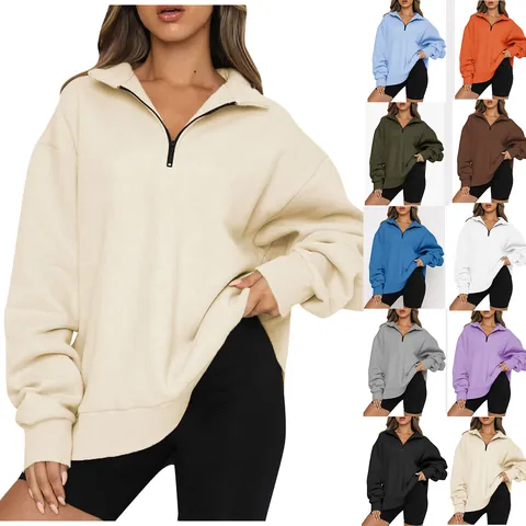 Women's Casual Fleece Lined Half Zip Hoodie Oversized Long Sleeve Stand Collar Sweatshirt Solid Color Warm Winter Fall Top