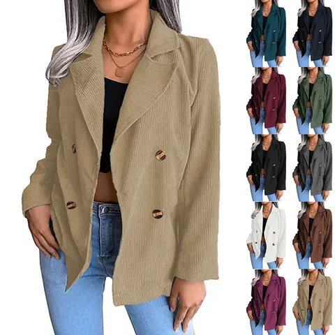 Damen Casual Cord Blazer Jacke Herbst Winter Einfarbig Elegant Revers Zweireiher Locker Mode Pendler Top