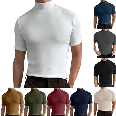 Maglietta a Maniche Corte a Collo Alto da Uomo Slim Fit Tinta Unita Base Layer Muscolare Top in Tessuto Acetato Traspirante
