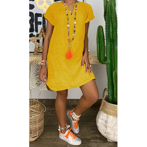 Women Casual V-Neck Linen Blend Woven Dress Loose Short Sleeve Solid Color Bohemian Summer Vacation Midi Dress Top