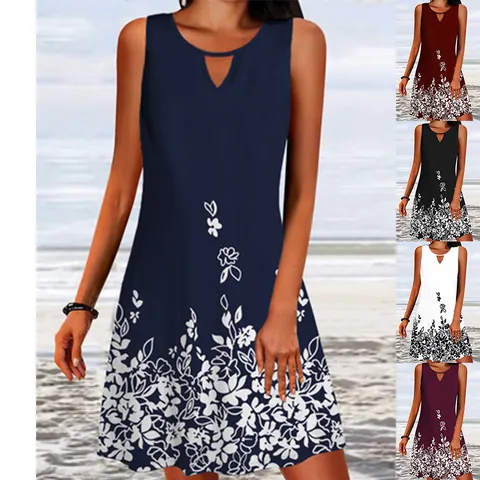 Women's Casual Sleeveless Floral Print Dress V-Neck Hollow Out Loose A-Line Cotton Blend Summer Beach Vacation Sundress