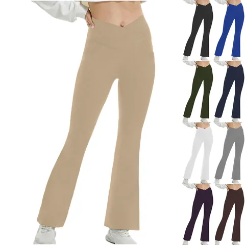 Women High Waist Cross V Waist Flared Yoga Pants Slim Fit Bootcut Workout Leggings With Inner Pocket Solid Color Flared Pants