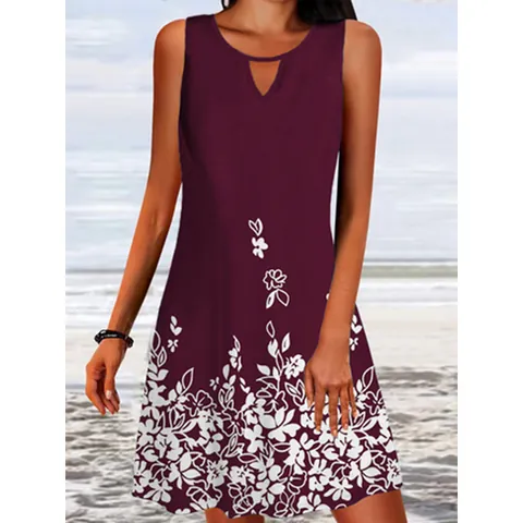 Women's Casual Sleeveless Floral Print Dress V-Neck Hollow Out Loose A-Line Cotton Blend Summer Beach Vacation Sundress