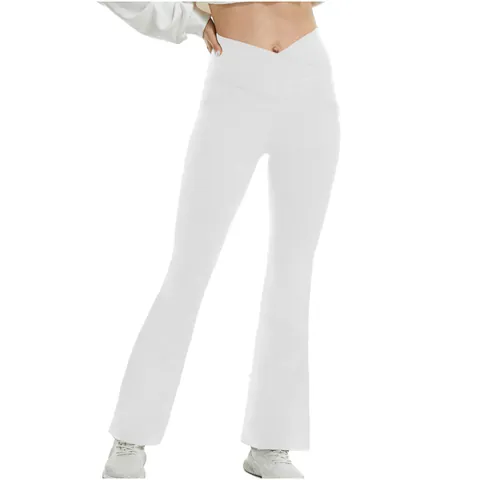 Women High Waist Cross V Waist Flared Yoga Pants Slim Fit Bootcut Workout Leggings With Inner Pocket Solid Color Flared Pants