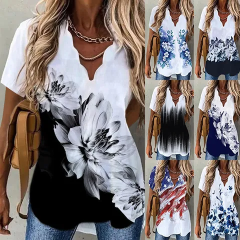 Women's Casual Cotton Printed T-Shirt Scalloped V-Neck Short Sleeve Top Floral Gradient Stripe Slim Fit Blouse For Summer