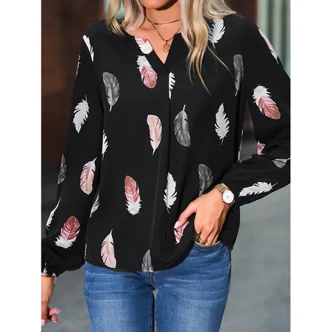 Maglietta da Donna Elegante con Stampa Piuma Scollo a V Manica Lunga Vestibilità Comoda Top in Poliestere Casual per Pendolari Autunno Inverno