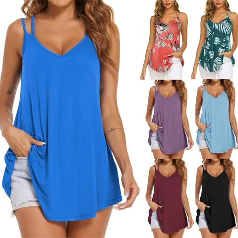 Women's Sexy V-Neck Double Strap Camisole Top Casual Sleeveless Summer Floral Printed Cotton Blend Loose Tank Top Fashion Vest