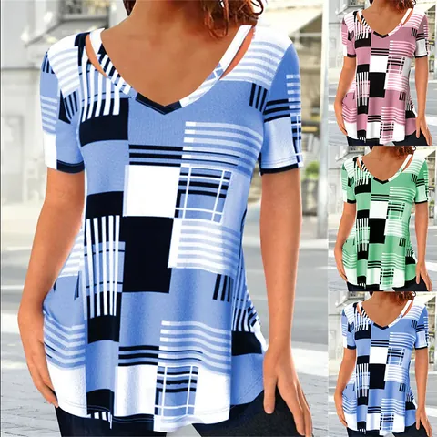 Women Casual Cotton Geometric Plaid Print T-Shirt Hollow Out V-Neck Short Sleeve Top Geometric Grid Pattern Tee For Summer Daily Travel