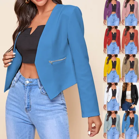 Women Casual Cotton Polyester Slim Fit Blazer Long Sleeve Open Front Suit Jacket With Metal Zipper Pockets Fashion Coat