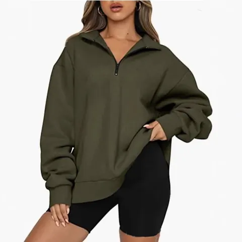 Women's Casual Fleece Lined Half Zip Hoodie Oversized Long Sleeve Stand Collar Sweatshirt Solid Color Warm Winter Fall Top