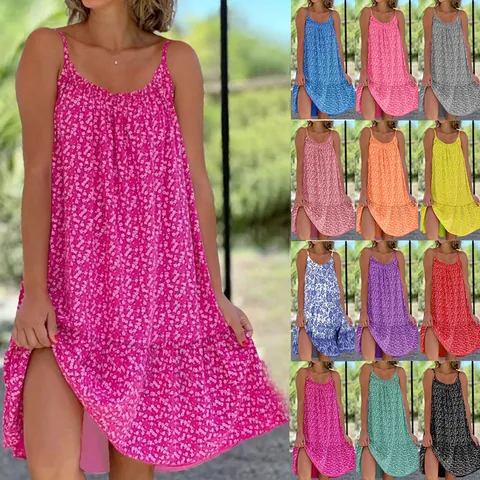 Women's Summer Floral Print Camisole Dress Spaghetti Strap A-Line Swing Midi Dress Plus Size S-5XL Casual Vacation Beachwear